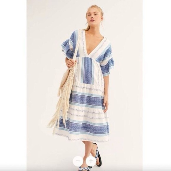 SAYLOR Dresses & Skirts - Saylor X Revovle White blue ruffle sleeve midi dress Coastal Midi Boho Size L